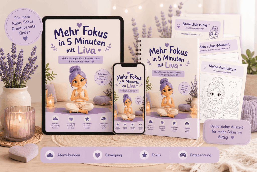 Eine liebevolle Fokusreise für Kinder mit kleinen Atemübungen, ruhigen Mini Auszeiten und wunderschöner Malvorlage.