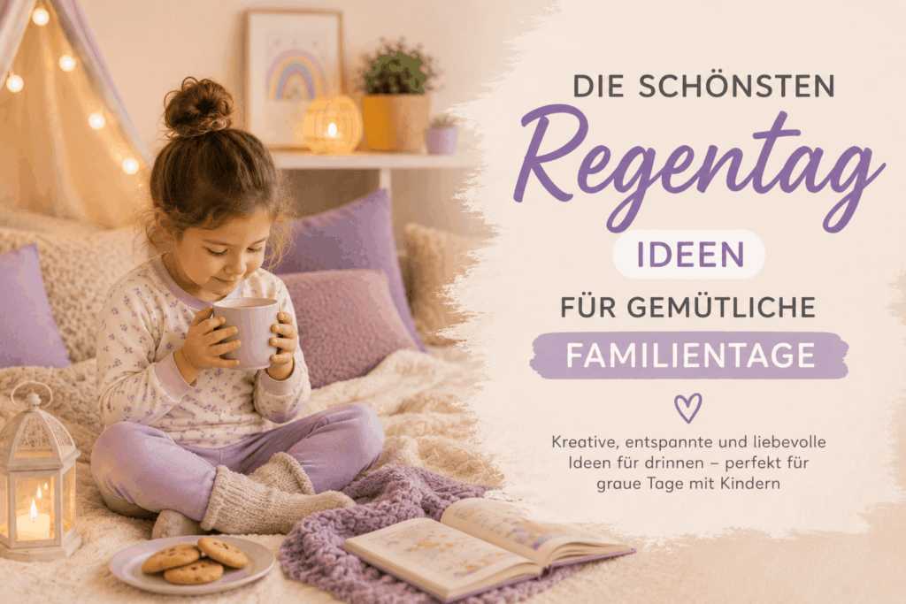 Gemütlicher Regentag zuhause mit Kind, Decken, warmem Licht und kreativer Familienzeit im Lavendel Stil